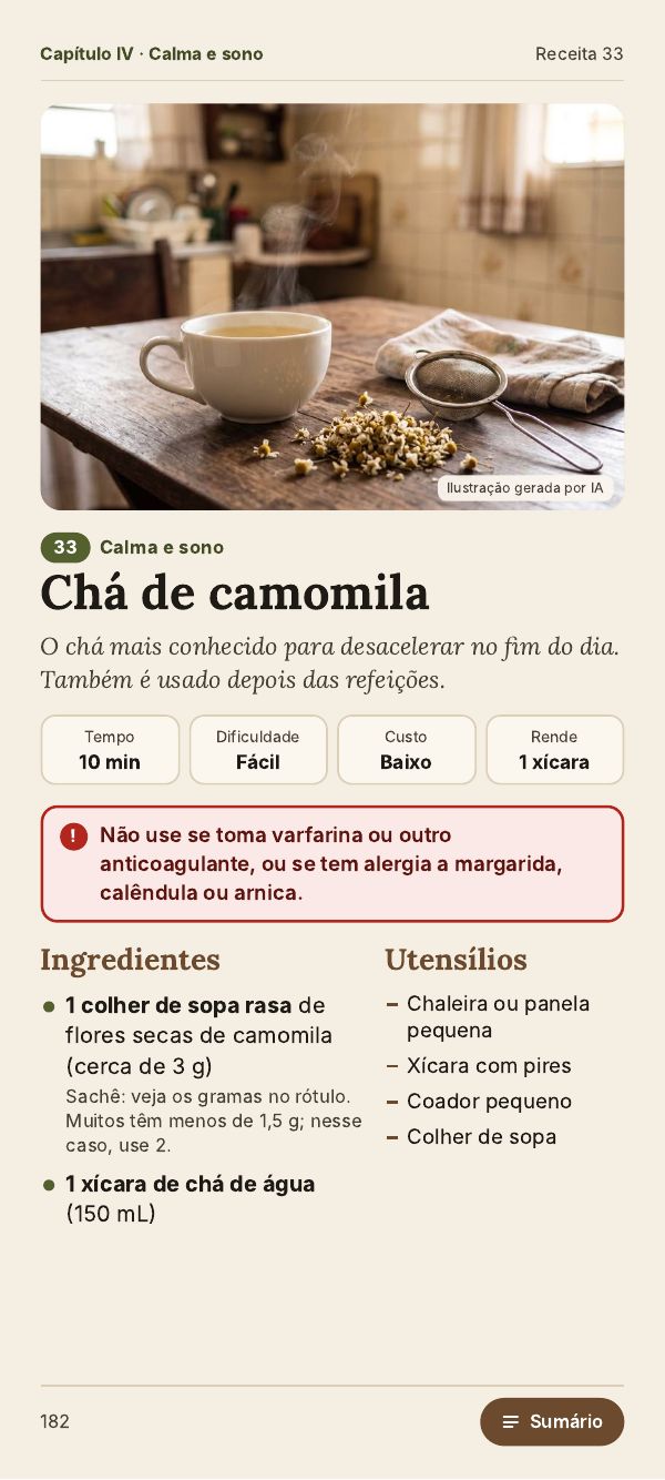 Página de abertura da receita de chá de camomila, com foto, tempo, custo e alerta