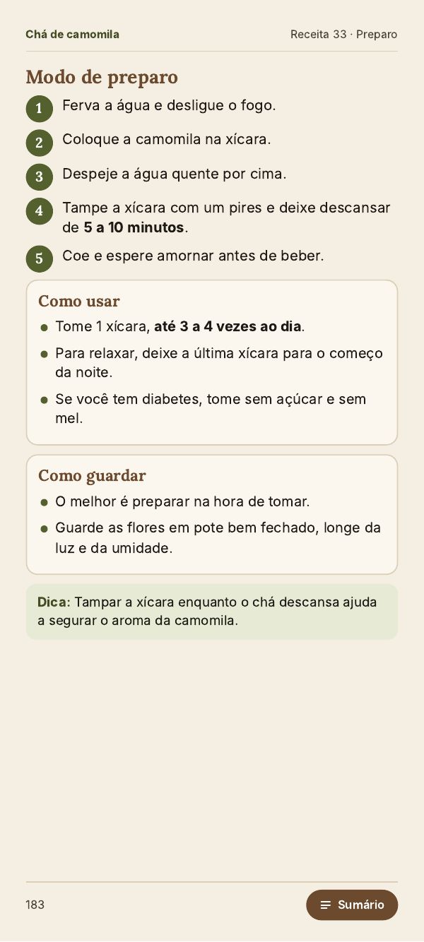 Página com o modo de preparo da camomila em passos numerados