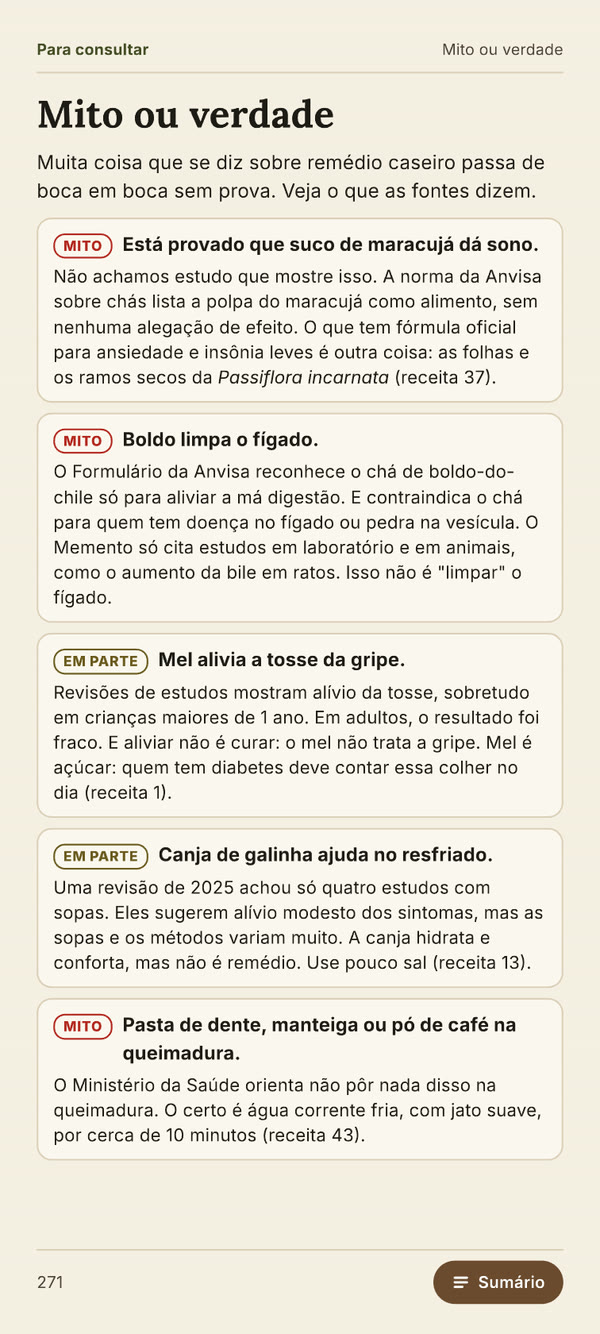 Página Mito ou verdade, com crenças populares e o que as fontes dizem